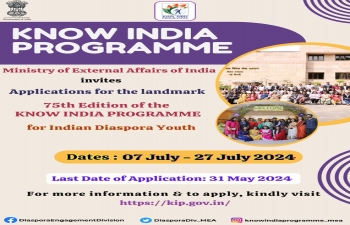 The Know India Programme (KIP) of the Ministry of External Affairs is a knowledge programme designed for the diaspora youth with age limit 21-35.  Applications are LIVE for 75th KIP.  Apply now on https://kip.gov.in/